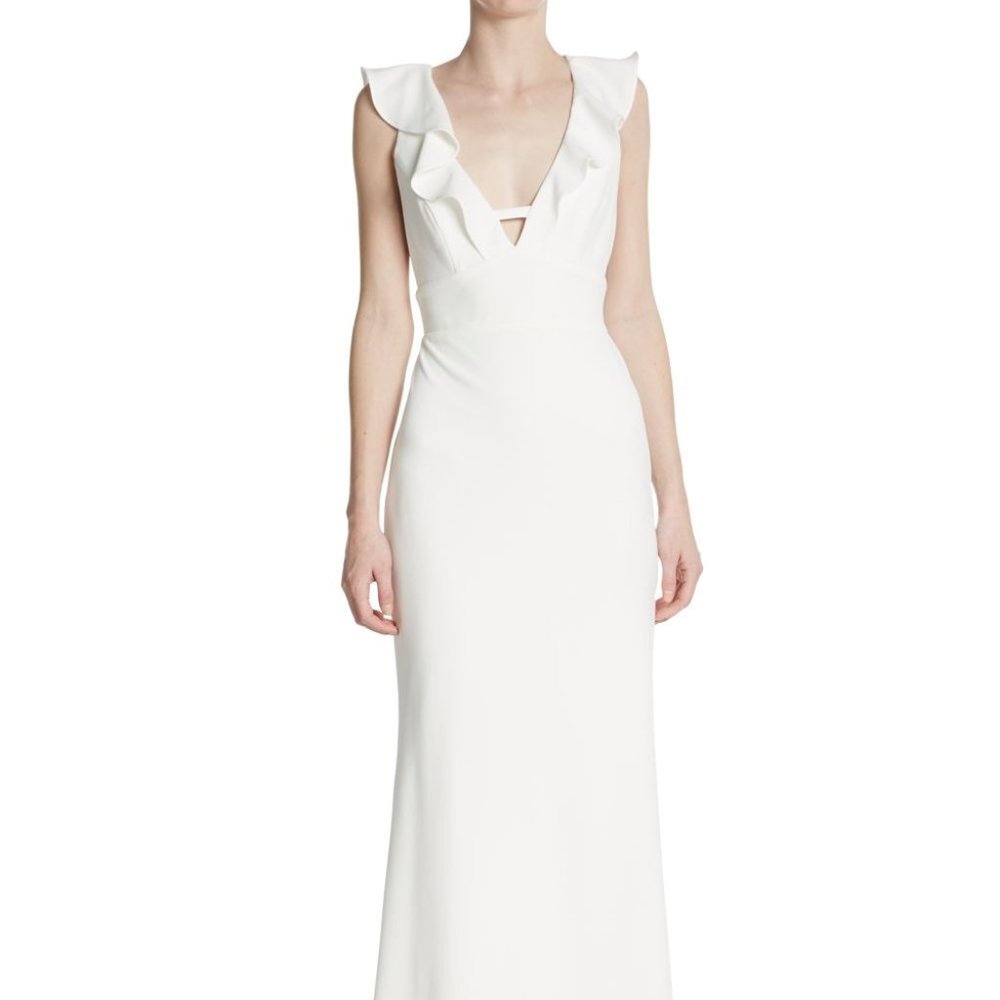 MARINA White Deep V Ruffle Formal Dress 8  Wedding